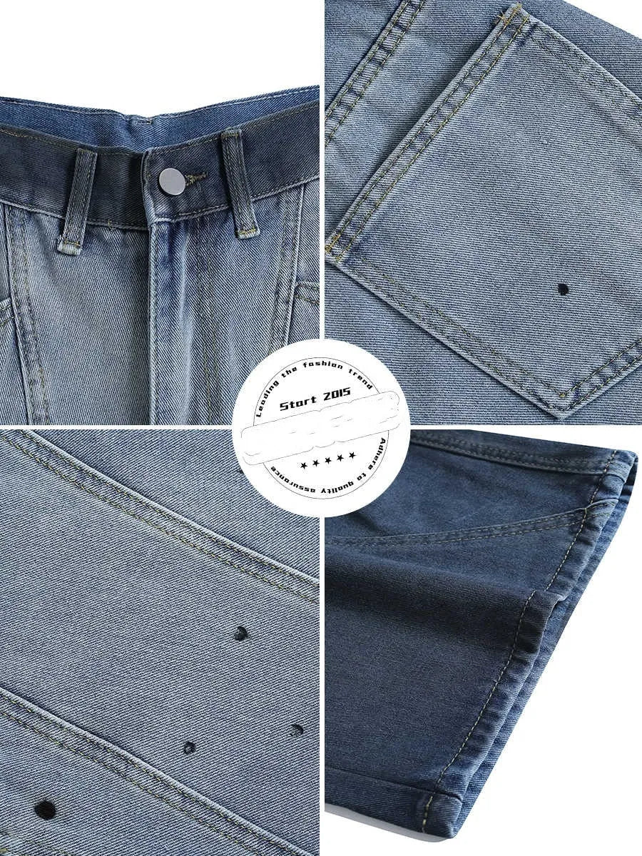 Blue tie-dye gradient cropped jeans with loose fit and mid waist design