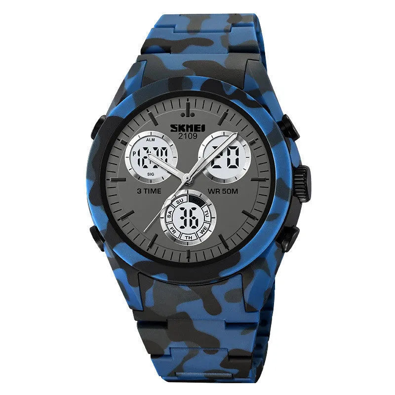 Unisex digital casual watch with camouflage strap and electronic display showing 50m water resistance.