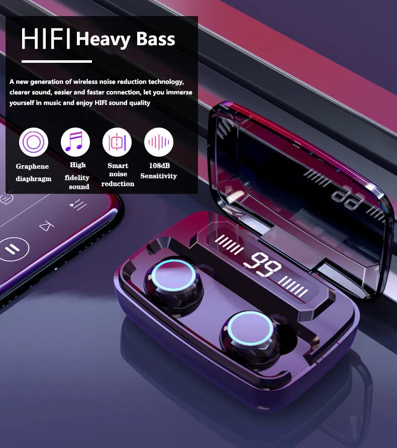 Black M11 style Bluetooth wireless earbuds with charging case showing digital display