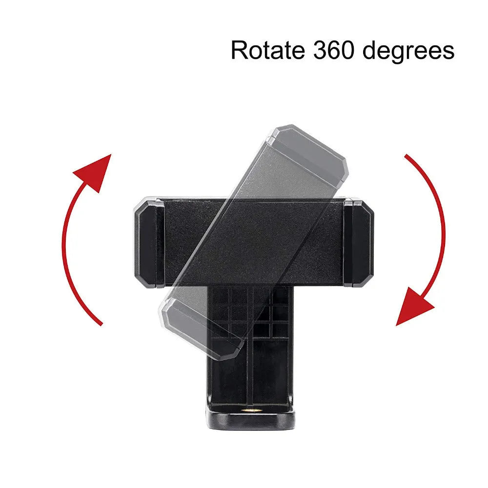 Black plastic mobile phone holder with rotating clamp on a desk
