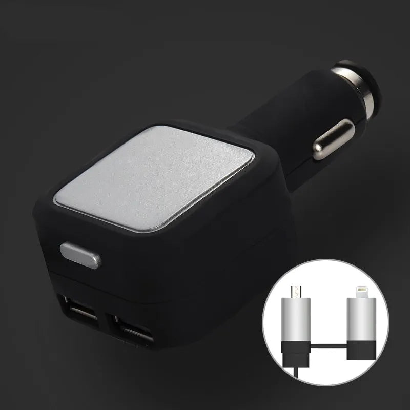 Black and gold dual USB car charger with retractable cable for vehicle charging