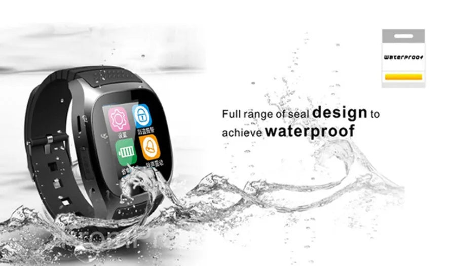 Black Bluetooth smart sports watch showing time and paired with a smartphone on a wrist.