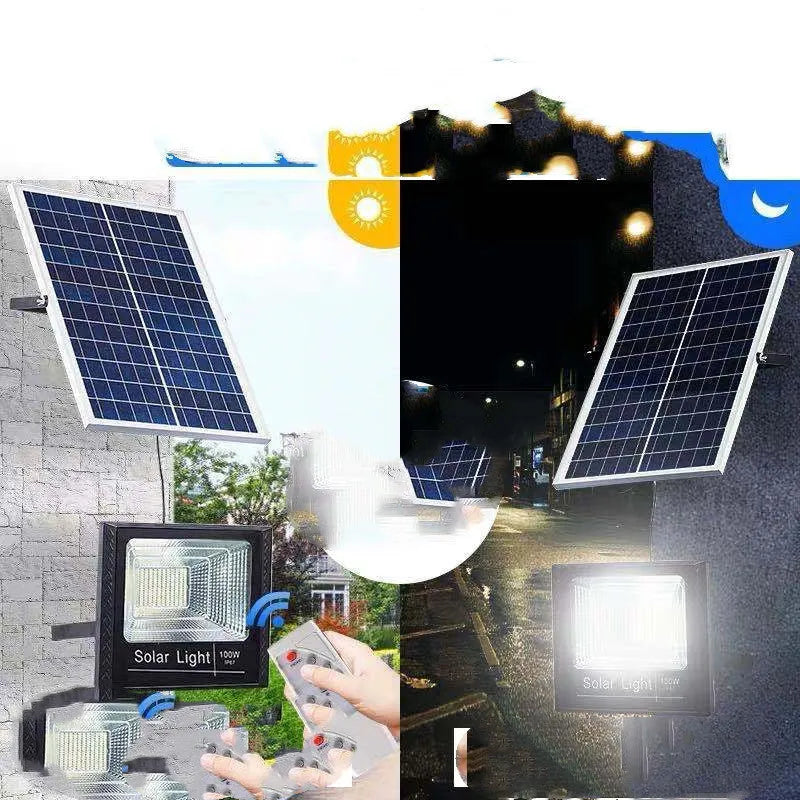 Black solar-powered LED flood light for outdoor and garden use with remote control.