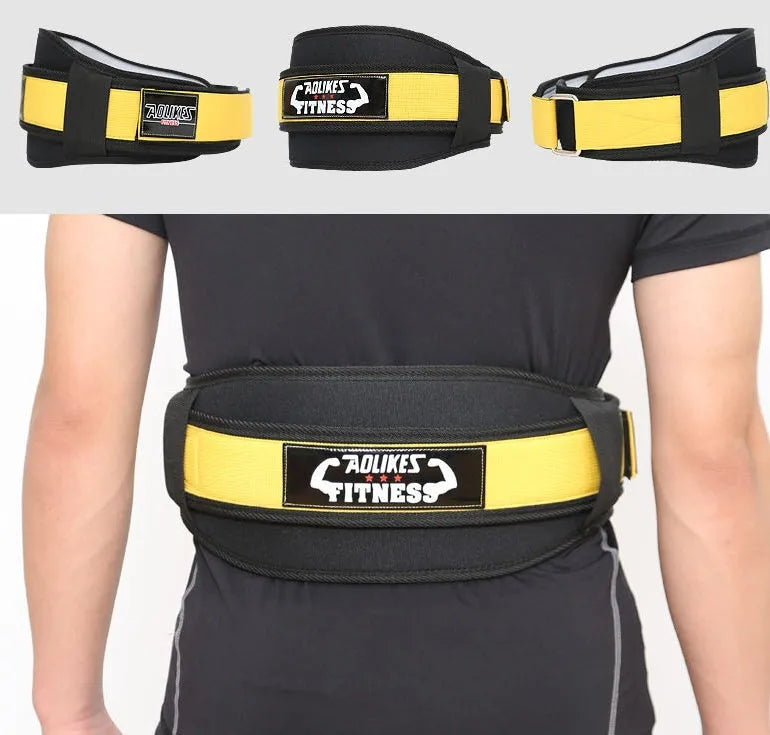 Nylon fitness weightlifting waistband in black, red, and yellow colours showing adjustable design