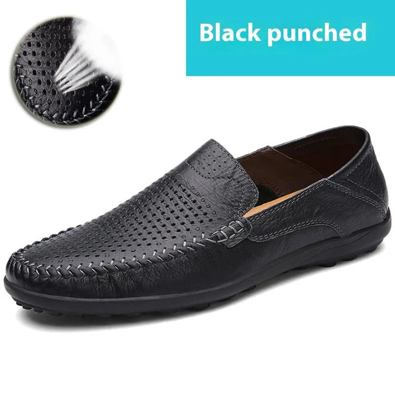 Men's brown leather casual shoes with round toe and flat rubber sole
