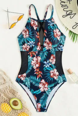 Women's deep V-neck one-piece swimsuit in a solid colour, showing European and American style design.