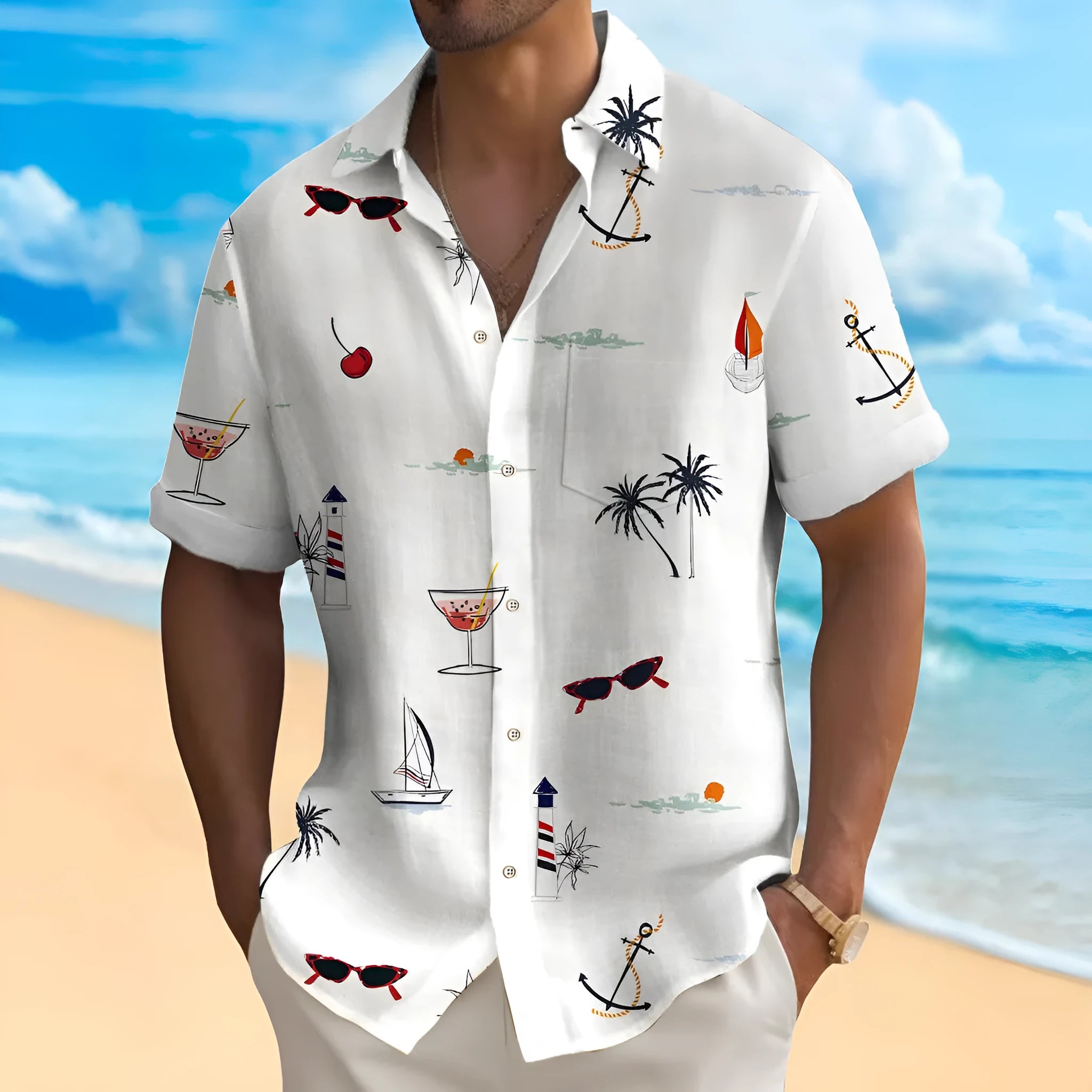 Man wearing a colourful digital print Hawaiian shirt with short sleeves and a loose fit.