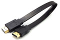 Flat black HDMI cable with standard connectors on a white background.