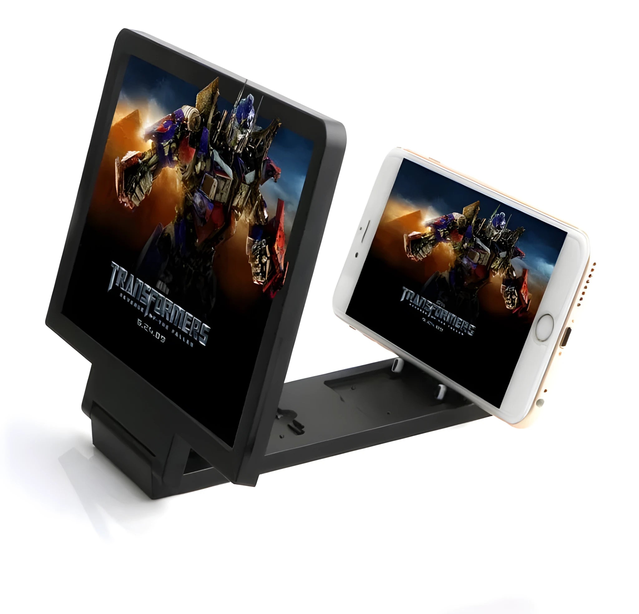 A black or white foldable mobile phone stand with a 3D screen amplifier and radiation filter.