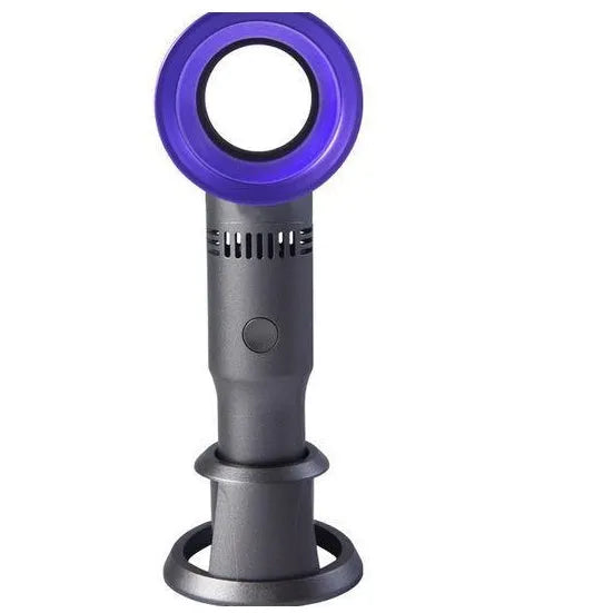 Compact portable bladeless fan in chosen colour on its base, with USB cable for charging.