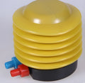 Blue and red plastic pedal pump for inflating swim rings, shown with two valve adapters.