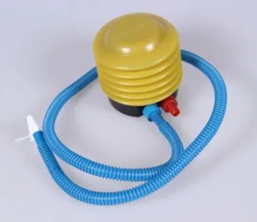 Blue and red plastic pedal pump for inflating swim rings, shown with two valve adapters.