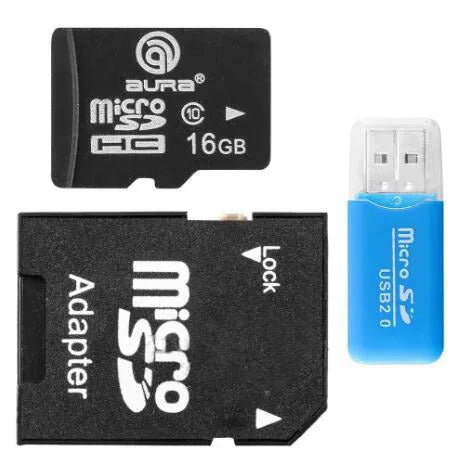 Mini USB card reader with a 16GB MicroSD card and SD card adapter on a table.