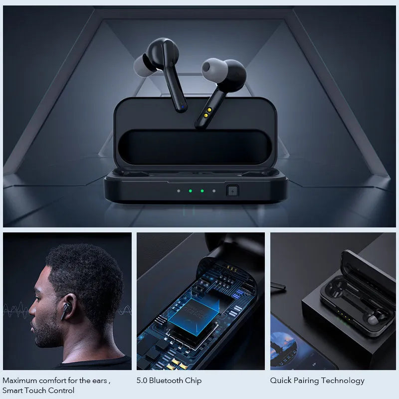 Black and white true wireless stereo earbuds with Bluetooth 5.0 and IPX5 waterproof rating