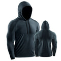 Slim long sleeve hooded workout top in polyester spandex, available in six colours and sizes M to XXXL