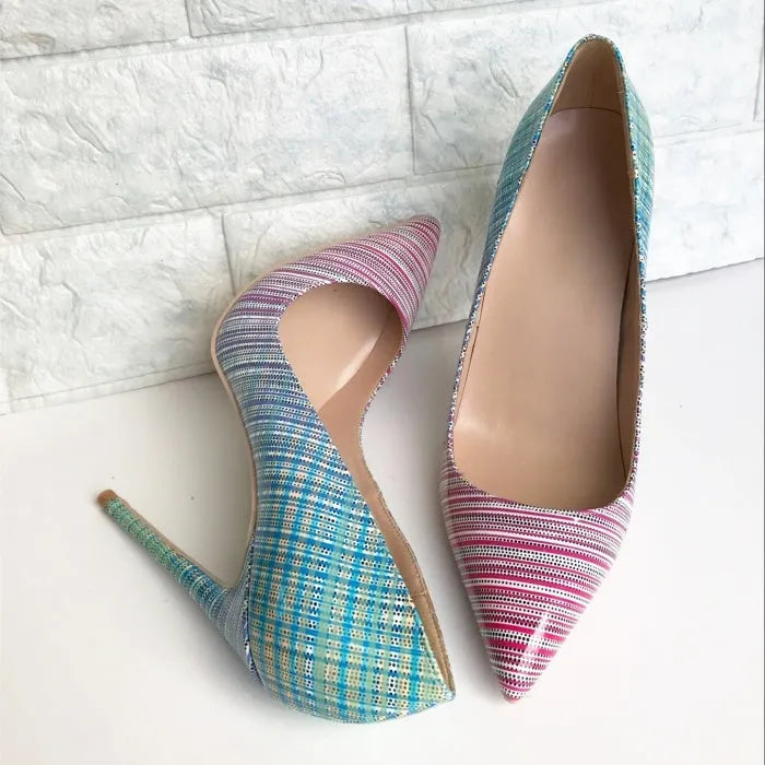 Ladies pink blue gradient patent leather pointed toe heels with sheepskin insole