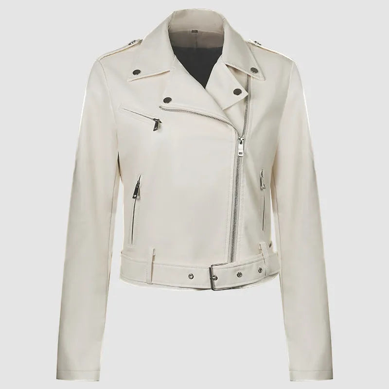 Women's red PU leather motorcycle-style jacket with a lapel collar and waist belt fastened.