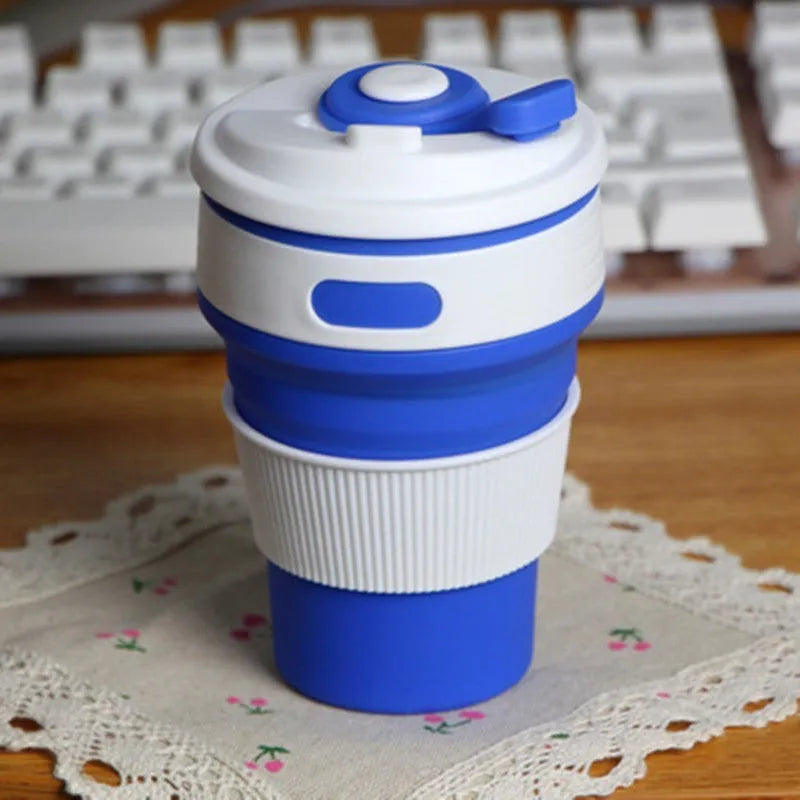 Collapsible silicone travel mug shown expanded and folded with leak-proof lid in multiple colours