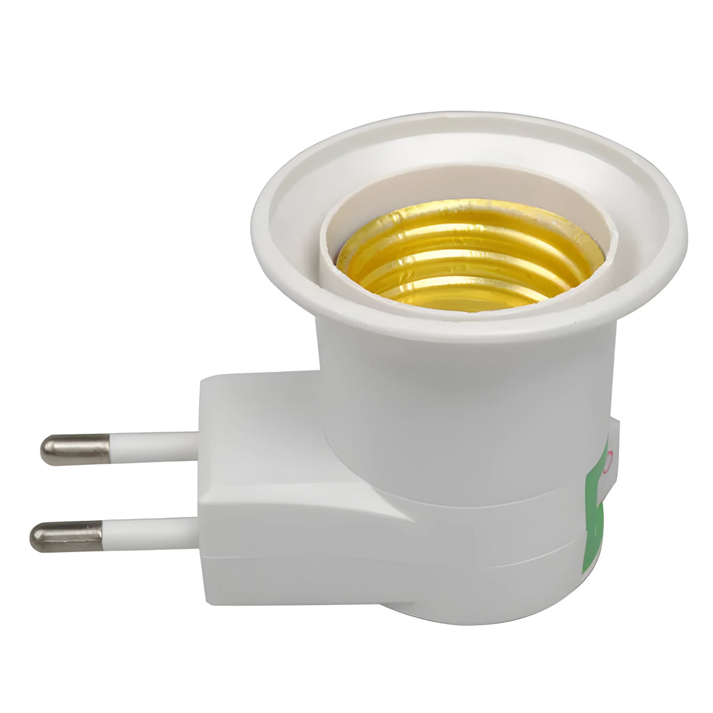 White E27 screw lamp holder adapter with a wall plug and a white rocker switch on the side