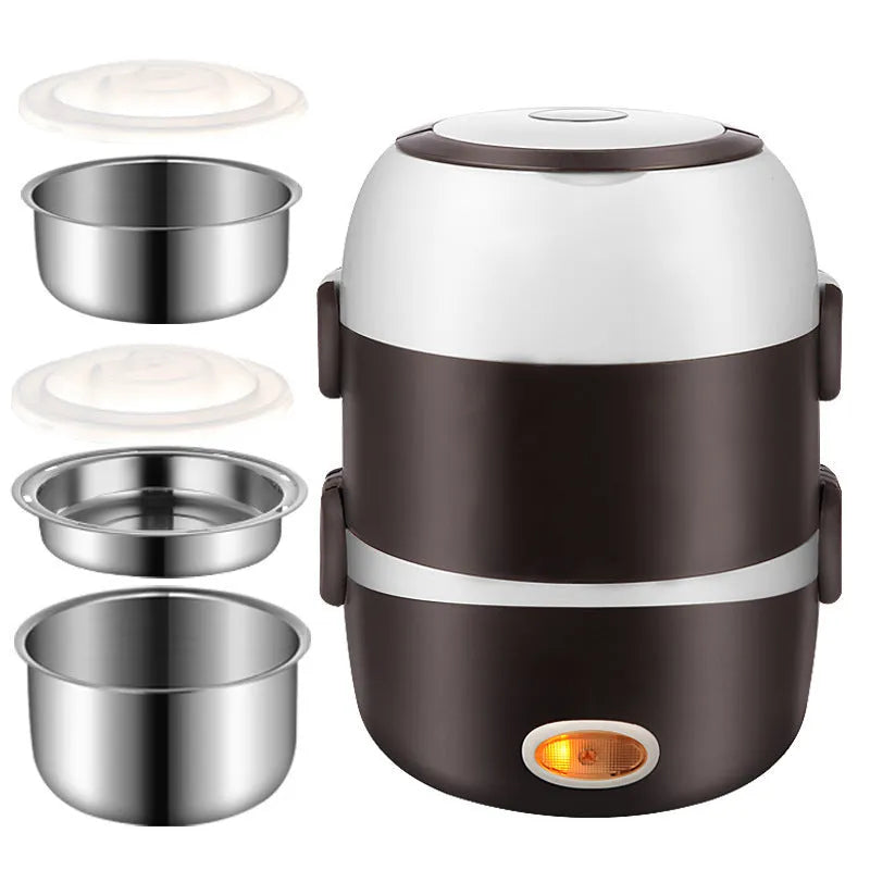 Portable electric lunch box with USB connector showing two-layer design and digital display