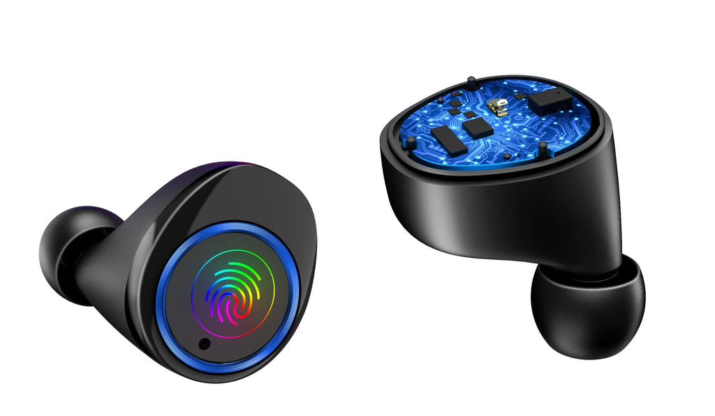 Black X11 Sky-Free true wireless Bluetooth earbuds with compact charging case on a white background.