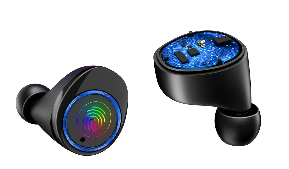 Black X11 Sky-Free true wireless Bluetooth earbuds with compact charging case on a white background.
