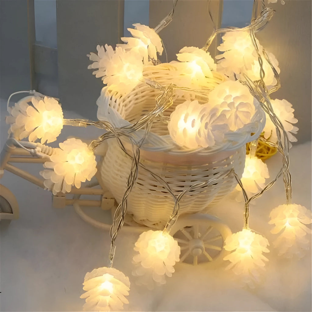 Warm white LED pine cone decorative light string powered by AA batteries