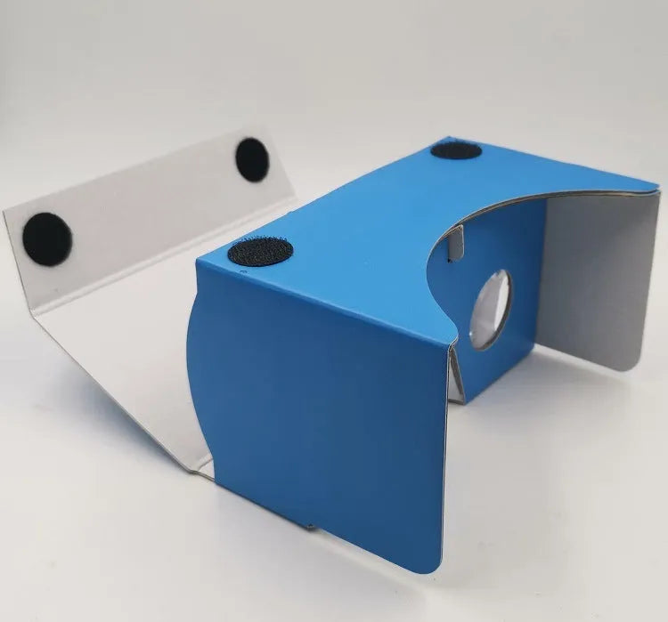 Pink and white cardboard VR glasses headset for smartphones with 3D lenses and adjustable strap