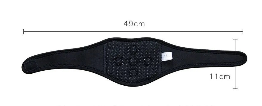 Black self-heating magnetic neck guard with adjustable straps, shown laid flat.