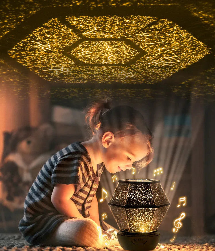 Children's rotating stars LED night light projecting star patterns on bedroom ceiling