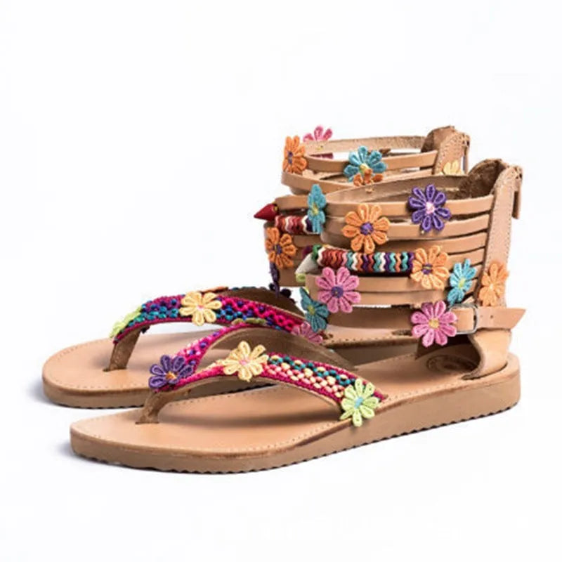 Ethnic style beaded petal sandals with Roman shoe design and artificial PU upper in suede colour