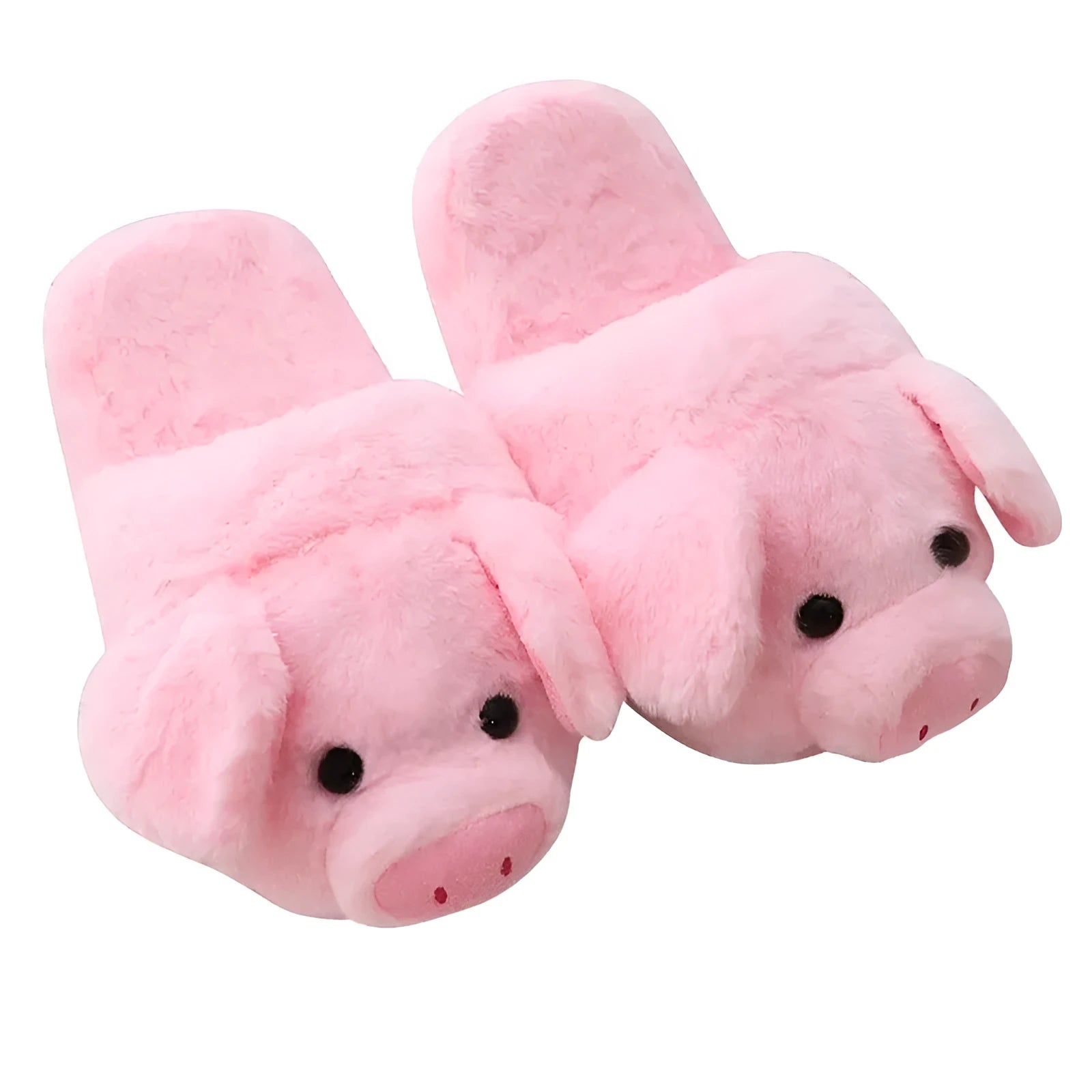 Pink plush floor slippers with a cute pig design on the upper, shown from a side view.