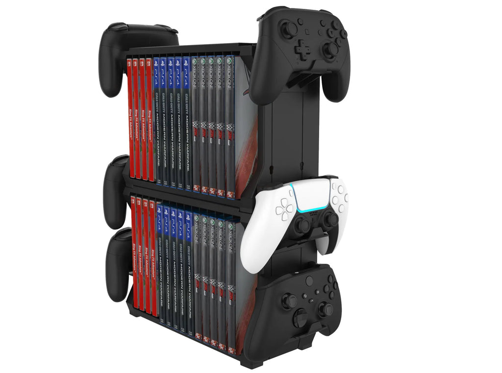 Black ABS plastic PS5 and Xbox Series X disc holder with controller storage stand