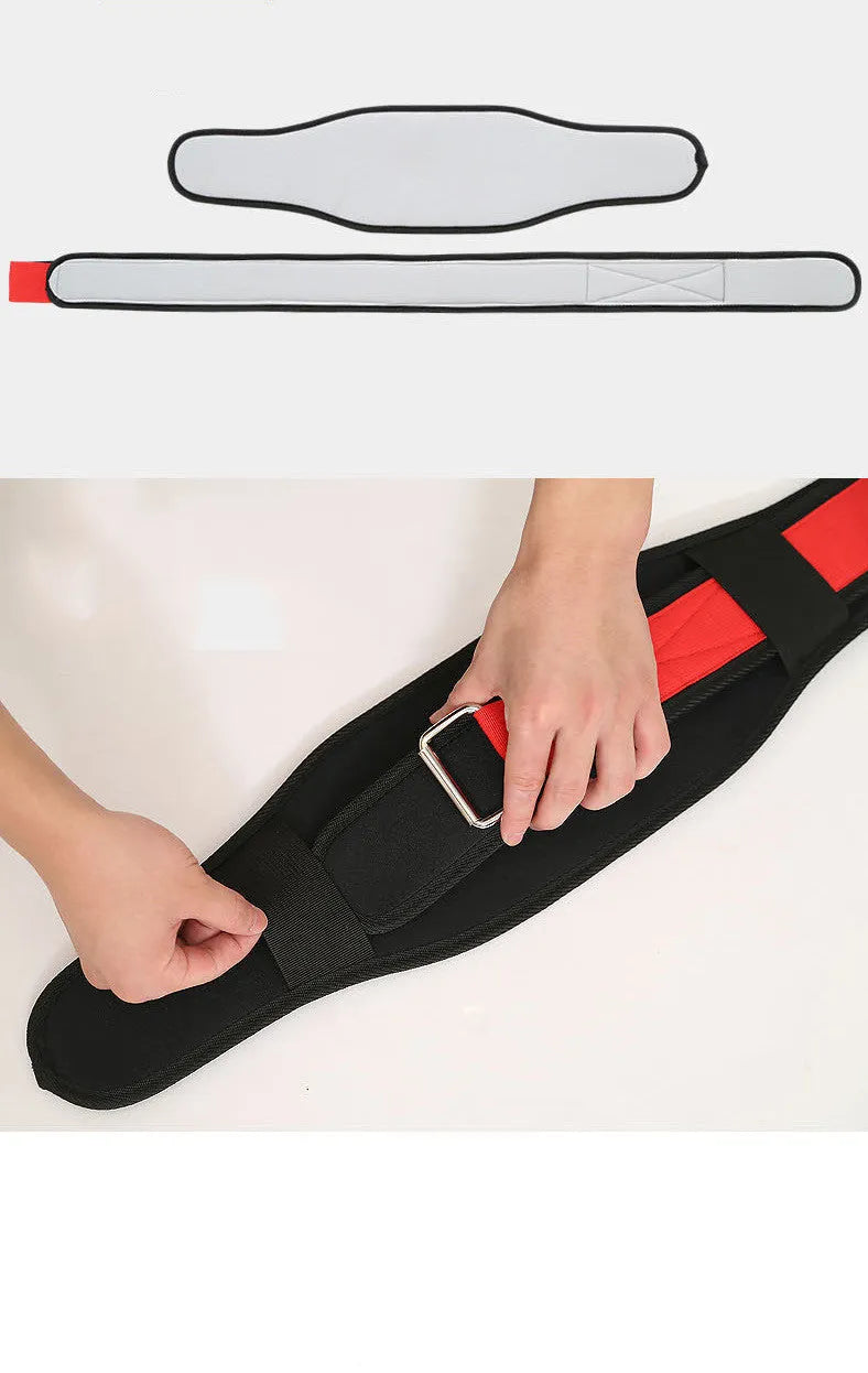 Nylon fitness weightlifting waistband in black, red, and yellow colours showing adjustable design