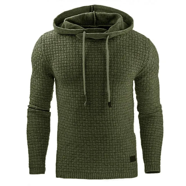 Men's hoodie sweater in a cotton-polyester blend, shown in one of nine available colours.
