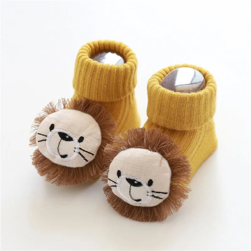 Cotton baby socks with non-slip soles in animal and bow patterns for infants 0-3 years