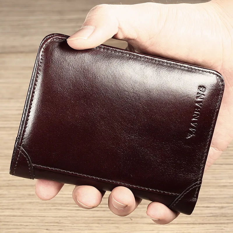 Men's leather wallet open showing card slots, coin pocket, photo window, and document holder in black or brown