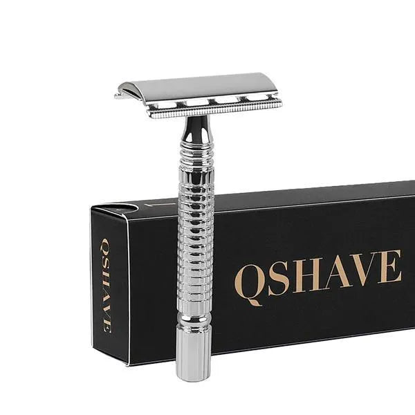 Chrome-plated double-edged safety razor with brass handle and storage box