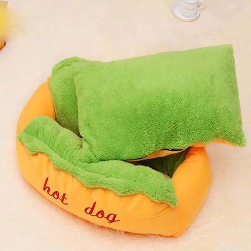 Brown hot dog bed with removable cushion for small medium large dogs