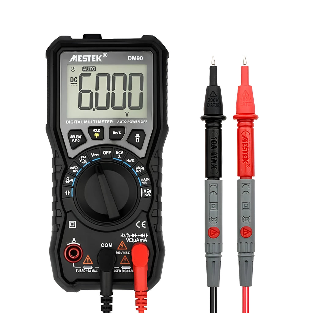 DM90A digital multimeter with display, test leads, and thermocouple for temperature measurement.