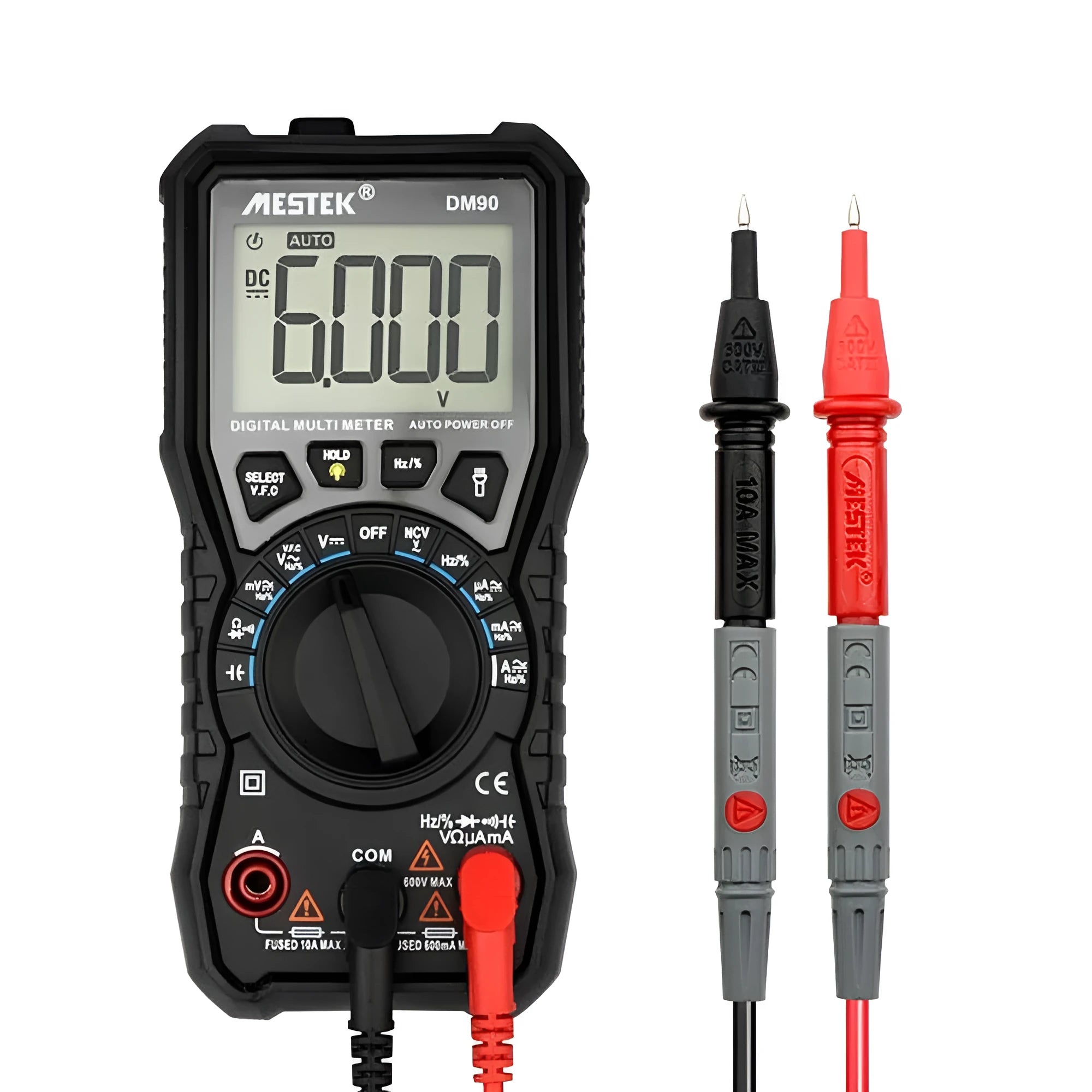 DM90A digital multimeter with display, test leads, and thermocouple for temperature measurement.