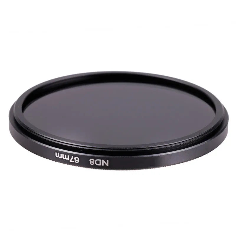 ND8 neutral density camera filter with aviation aluminium frame on a lens thread.