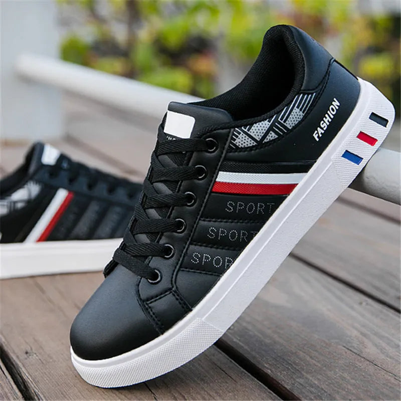 Men's black, grey, and white sports shoes shown with a size chart listing sizes 39-44 and foot lengths 245mm-270mm.