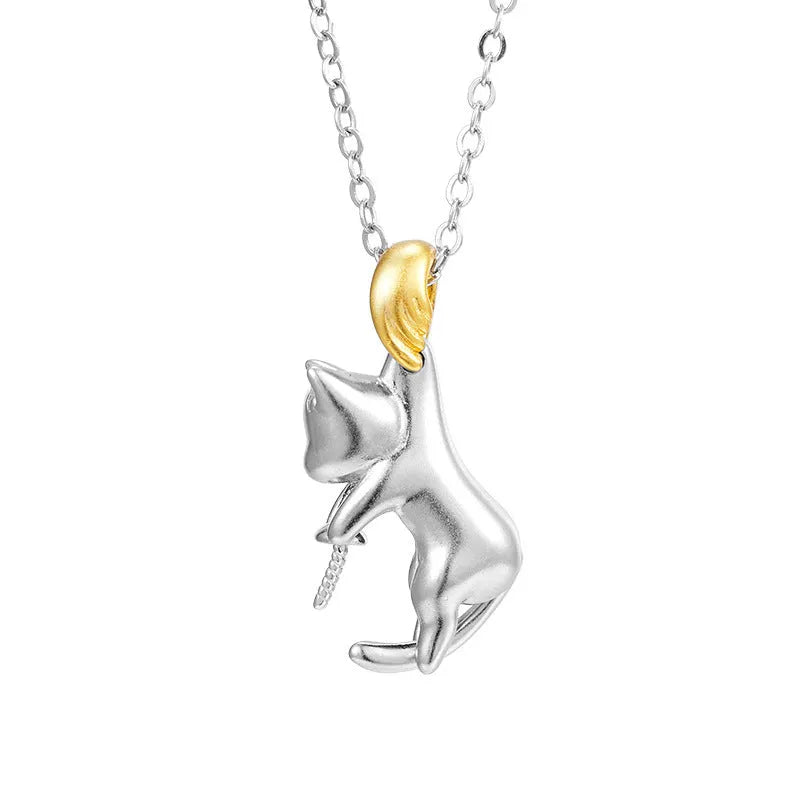 925 sterling silver clavicle chain necklace with feline pendant and electroplated finish
