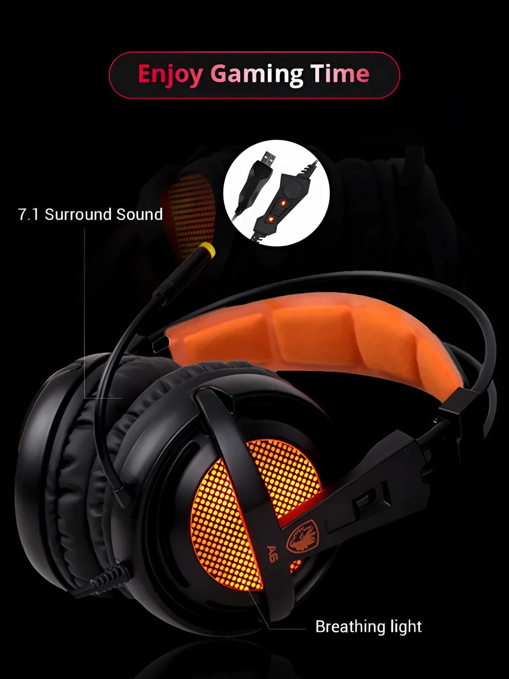 Black and white 7.1 channel USB gaming headset with LED lights on ear cups and padded headband.