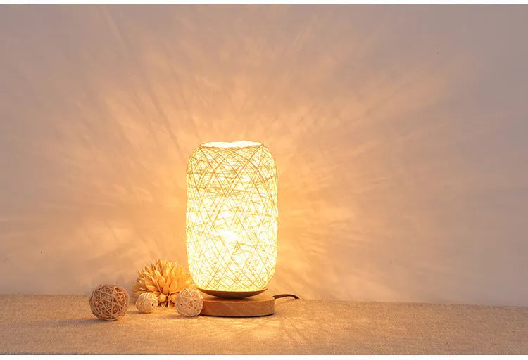 Sepak Takraw hemp rope desk lamp with solid wood base and USB cable