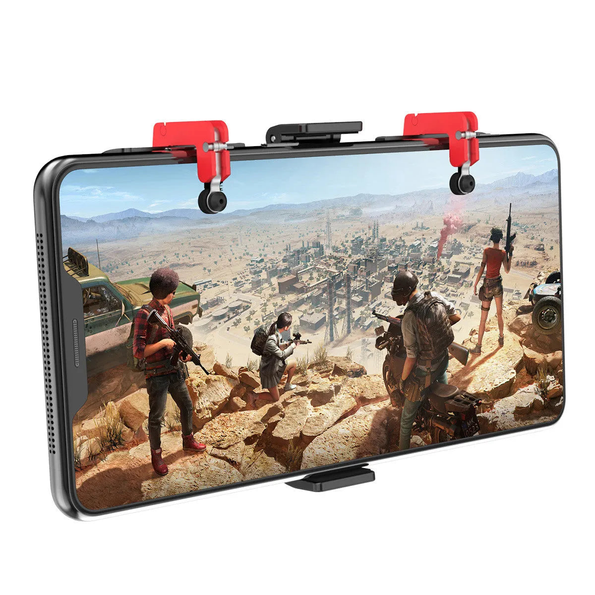 Black PG-9137 mobile phone game bracket with adjustable trigger and telescopic side clip extended.