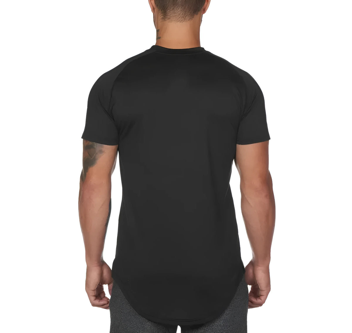 Plain men's gym shirt in cotton-spandex blend on a hanger, shown in army green colour.