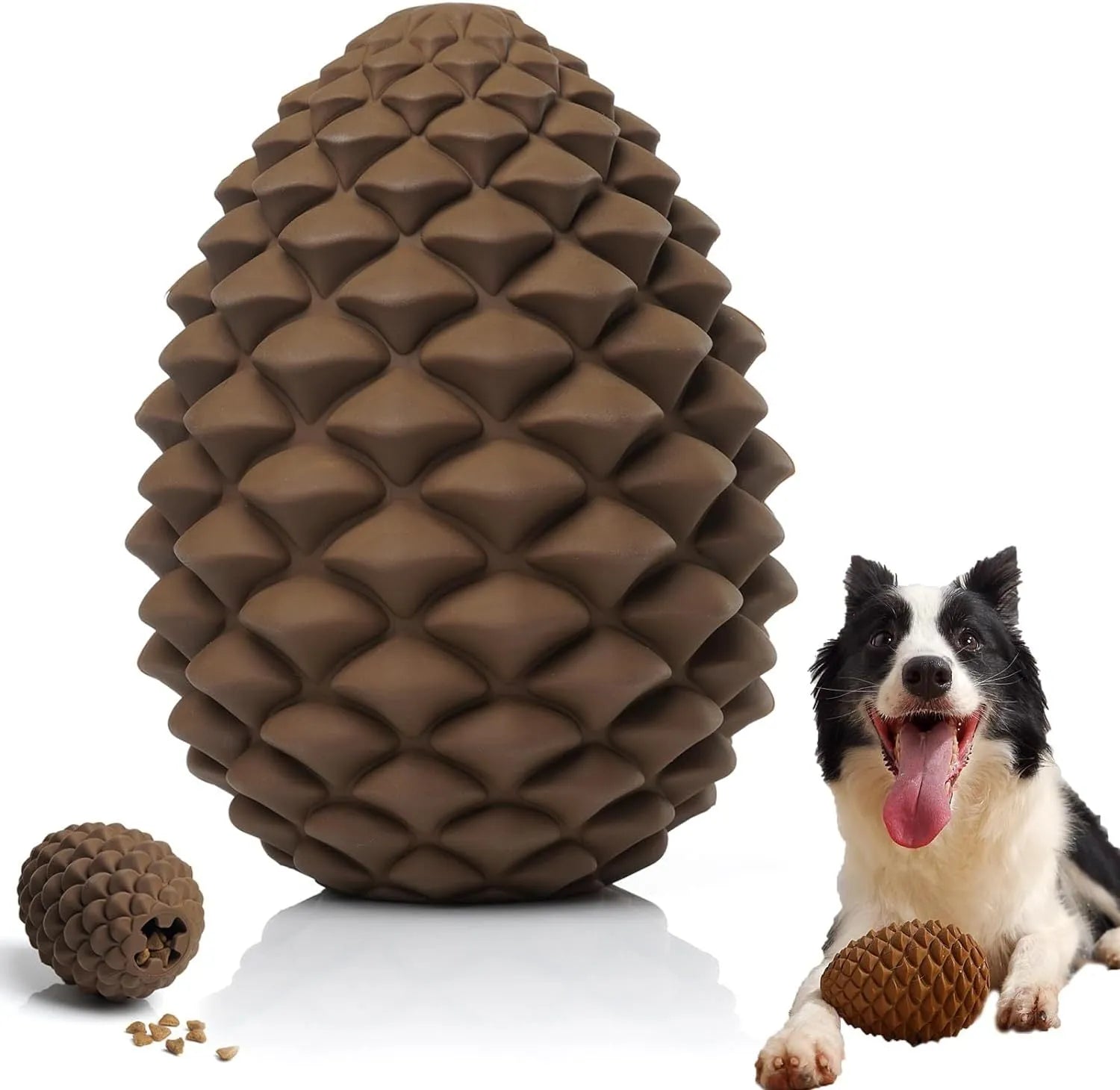 Yellow pine cone shaped dog chew toy with treat dispenser hole and textured surface