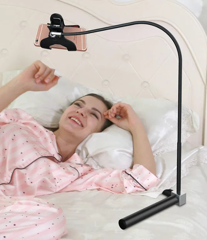 Black bedside mobile phone bracket with overhead support shelf and universal folder for hands-free viewing